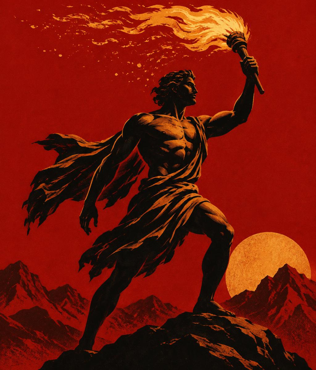 Prometheus raising a torch of fire over the mountains